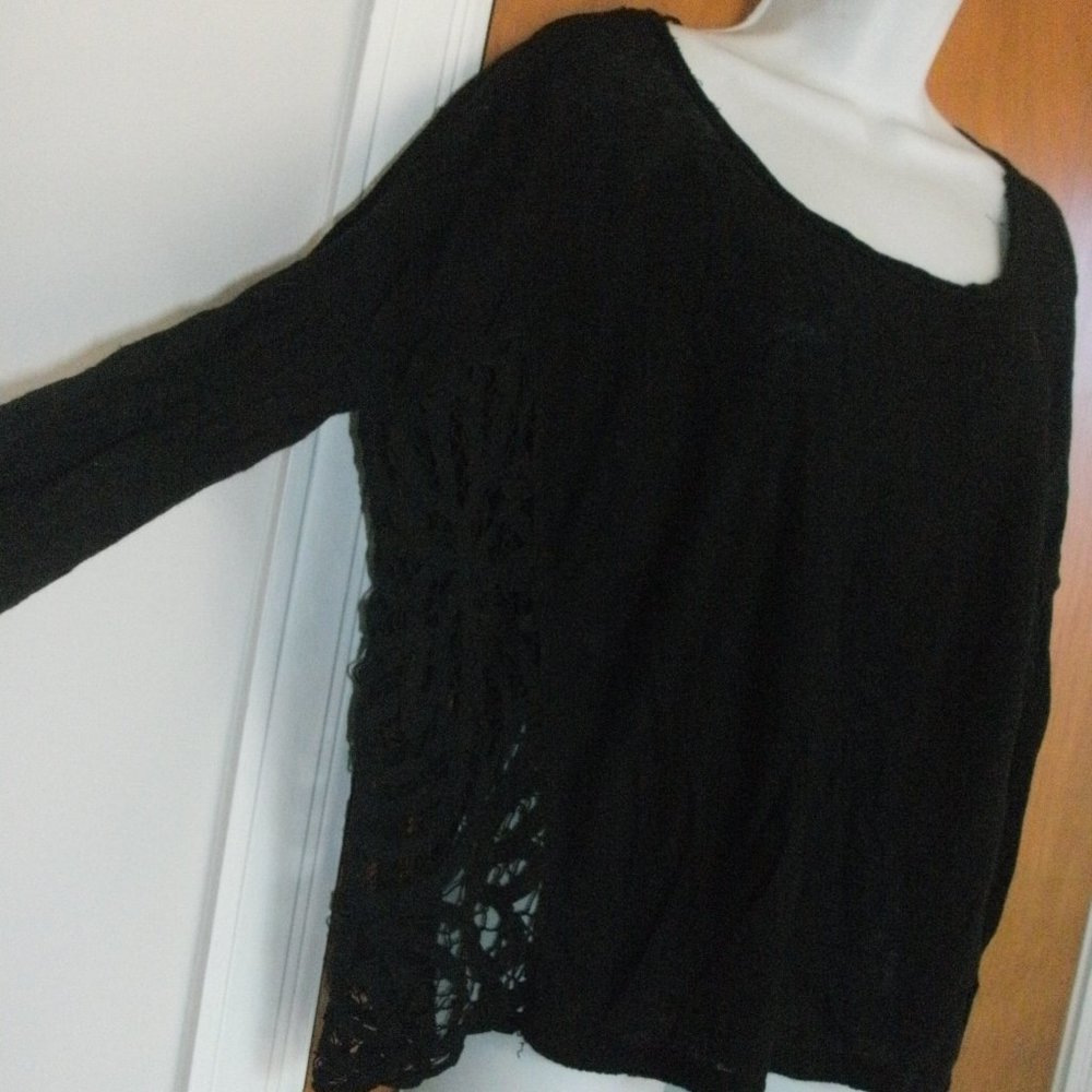 FREE PEOPLE Soft Sweater Knit Long Sleeve Top Sheer Lace Insert on Sides size S